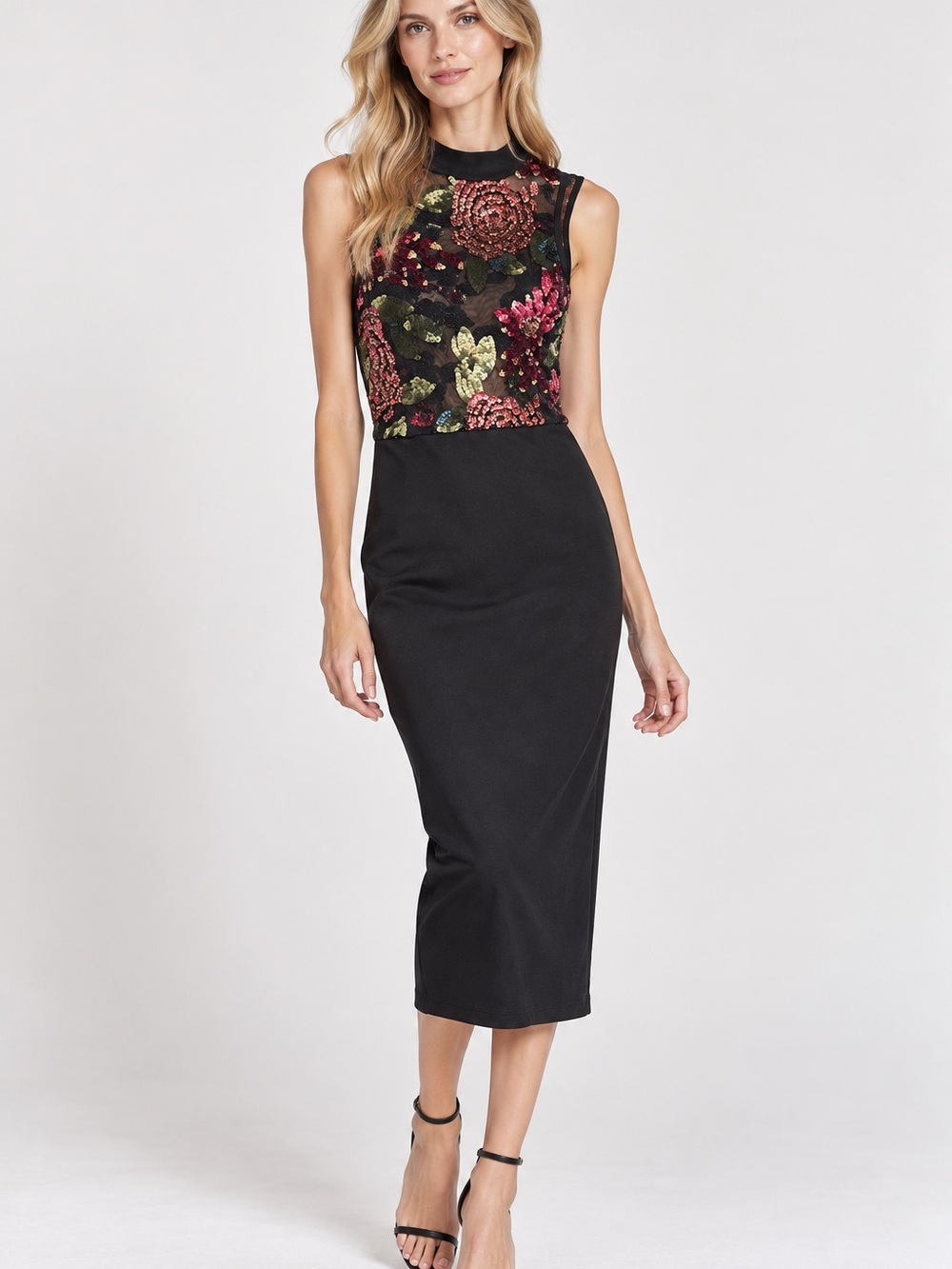 Charlotte Russe Black Midi Dress with Floral Sequin Bodice